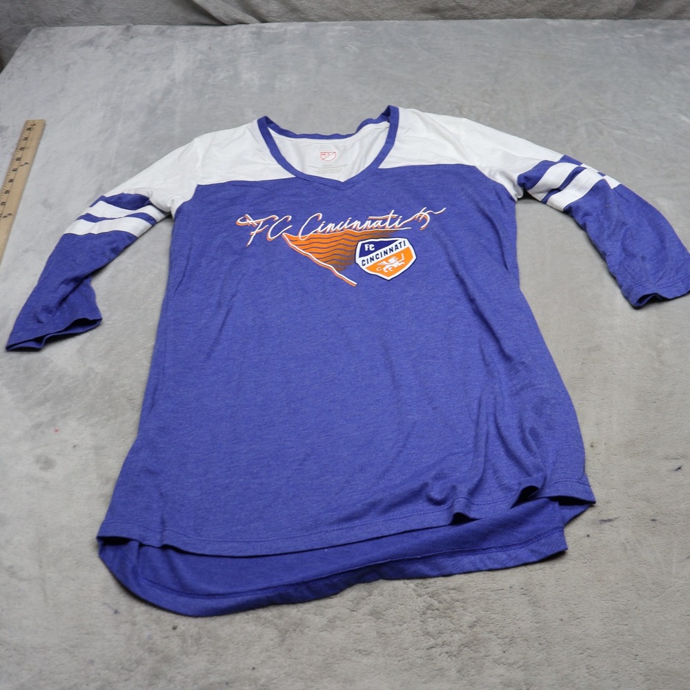 FC Cincinnati Shirt Womens Medium MLS Blue Soccer V-Neck 3/4 Sleeve Athletic